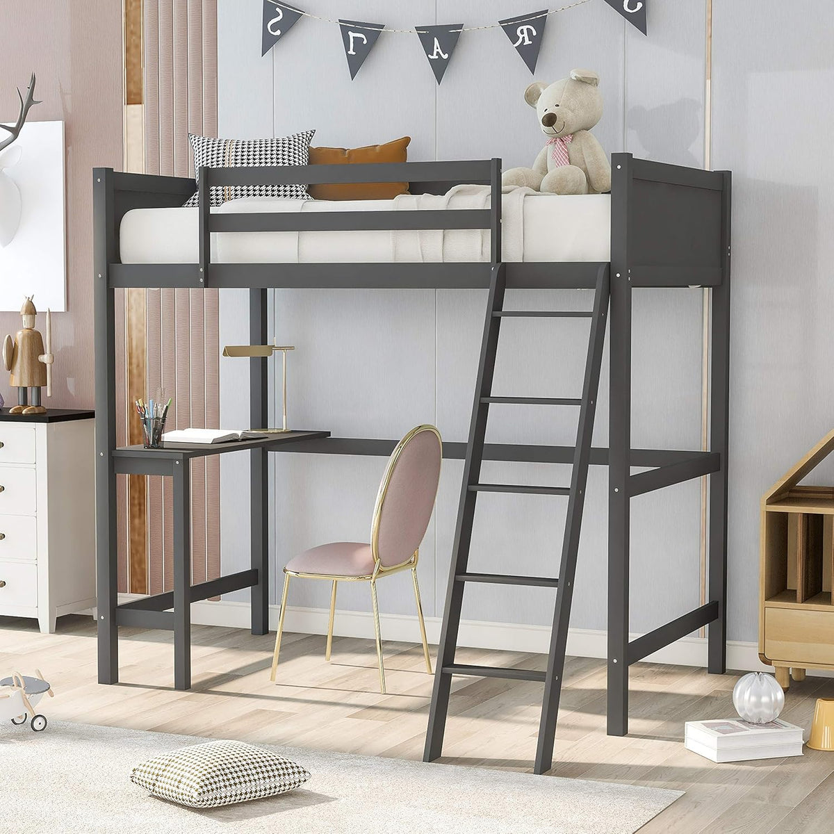 Twin Low Bunk Bed with Slide and Ladder, Black J1710