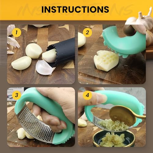 Stainless Steel Garlic Press Rocker with Peeler and Cleaning Brush A6230