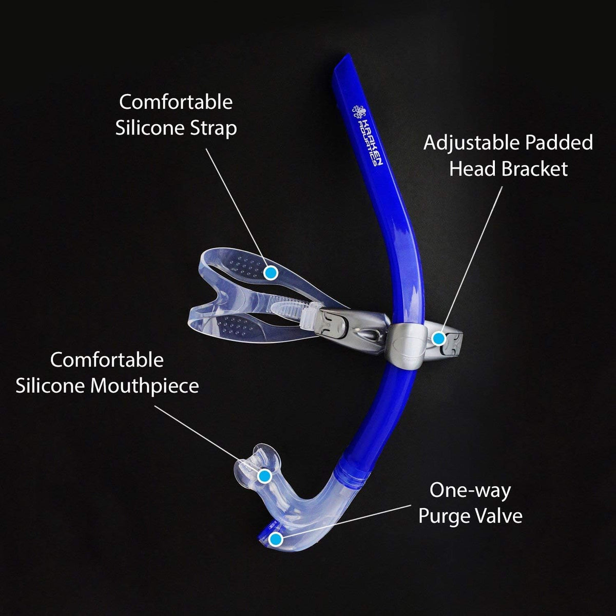 Blue Center Mount Snorkel with Silicone Mouthpiece and One-Way Purge Valve K777