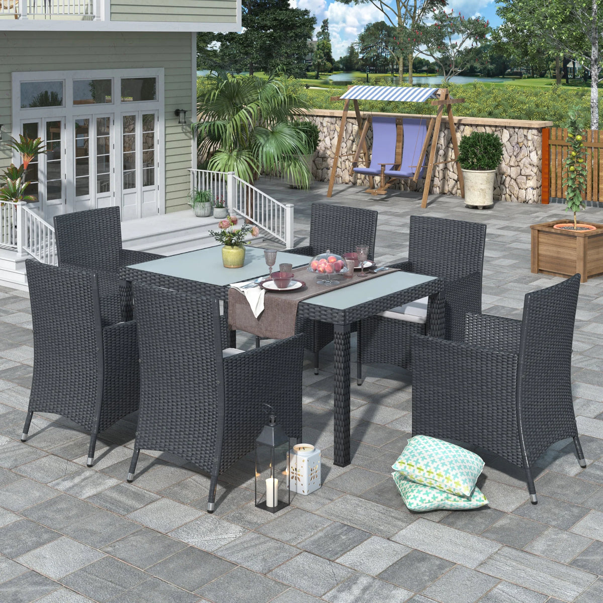 Outdoor PE Rattan Wicker Dining Set of 7 with 6 Chairs Q85952