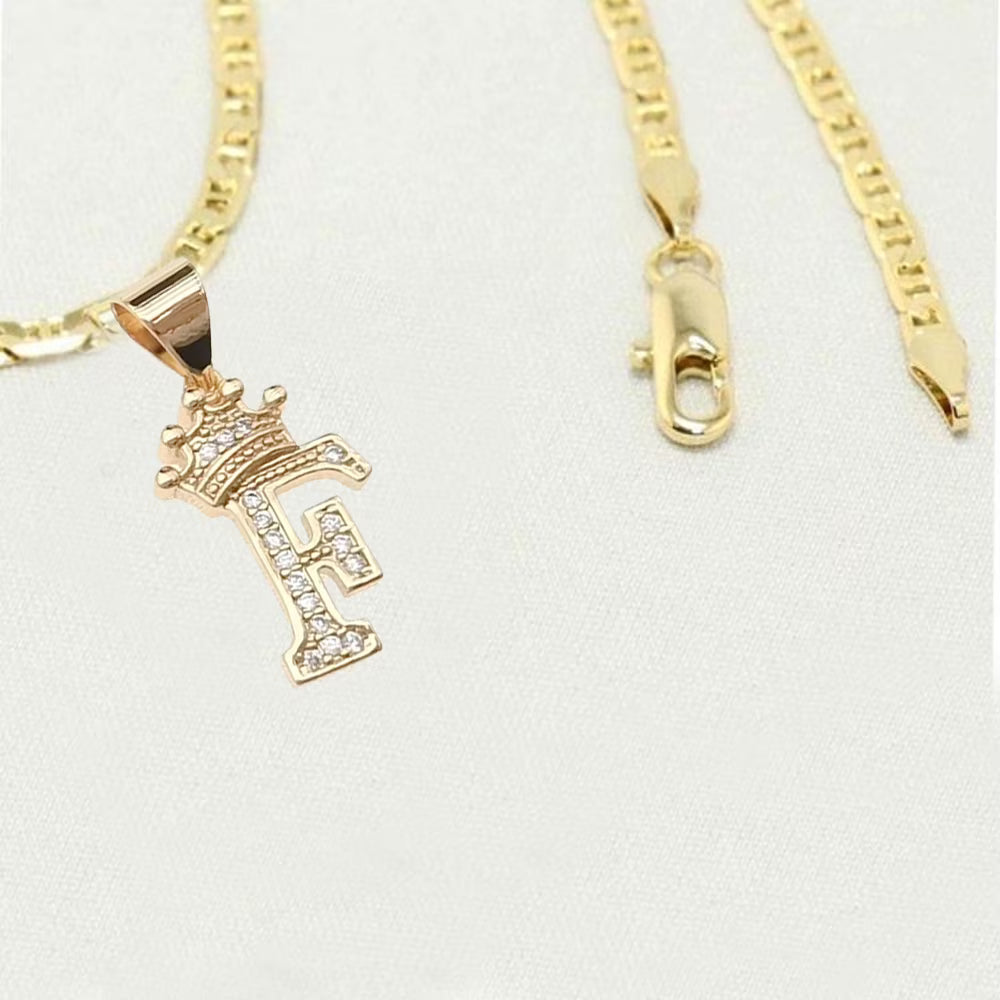 14K Bonded Gold Cuban Chain Necklace with Initial Letters Charm X3351
