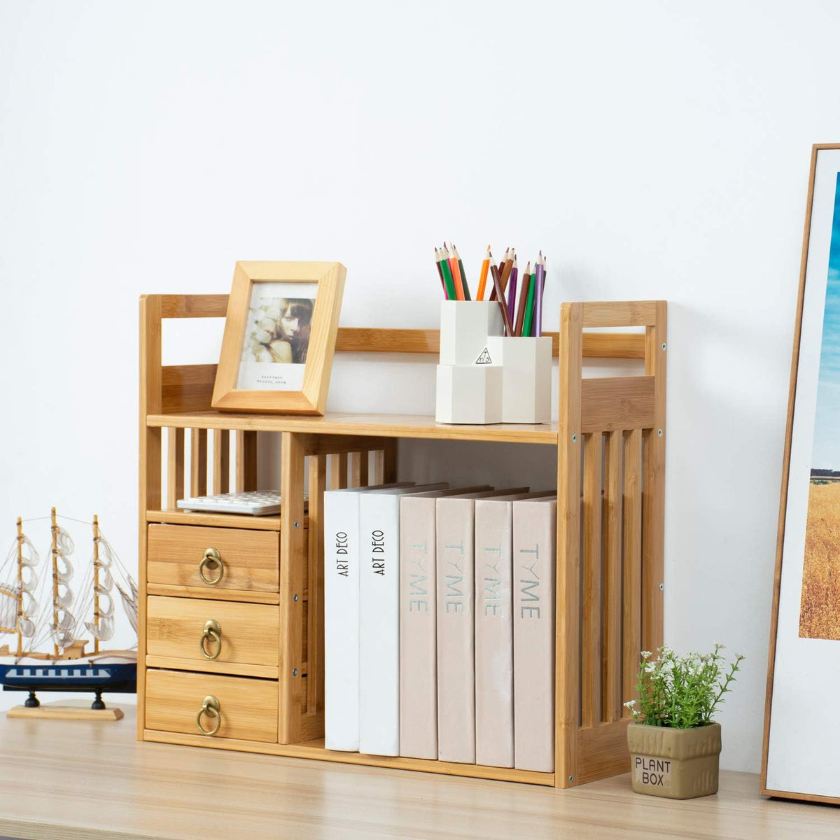 Bamboo Desktop Bookshelf with 3 Drawers U4595