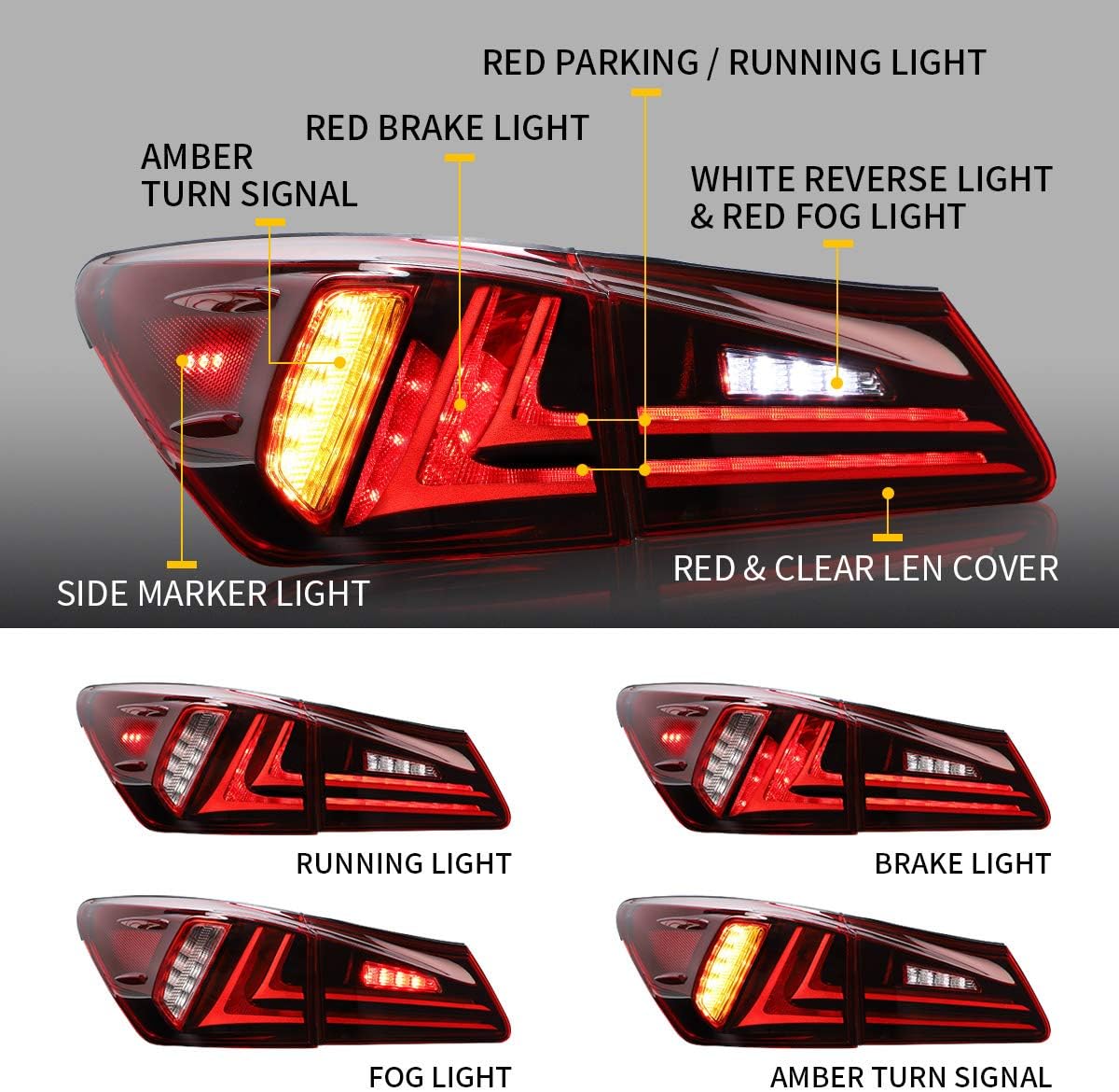 Full LED Amber Reflector Headlights & Red Taillights Assembly T9667