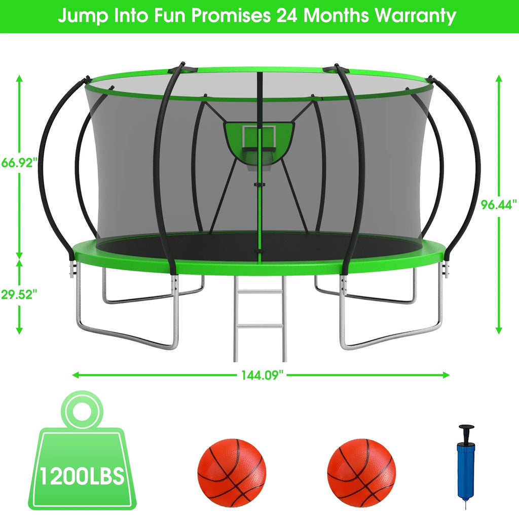 12FT 14FT Trampoline with Enclosure, Basketball Hoop, LED Light and Sprinkler N894017