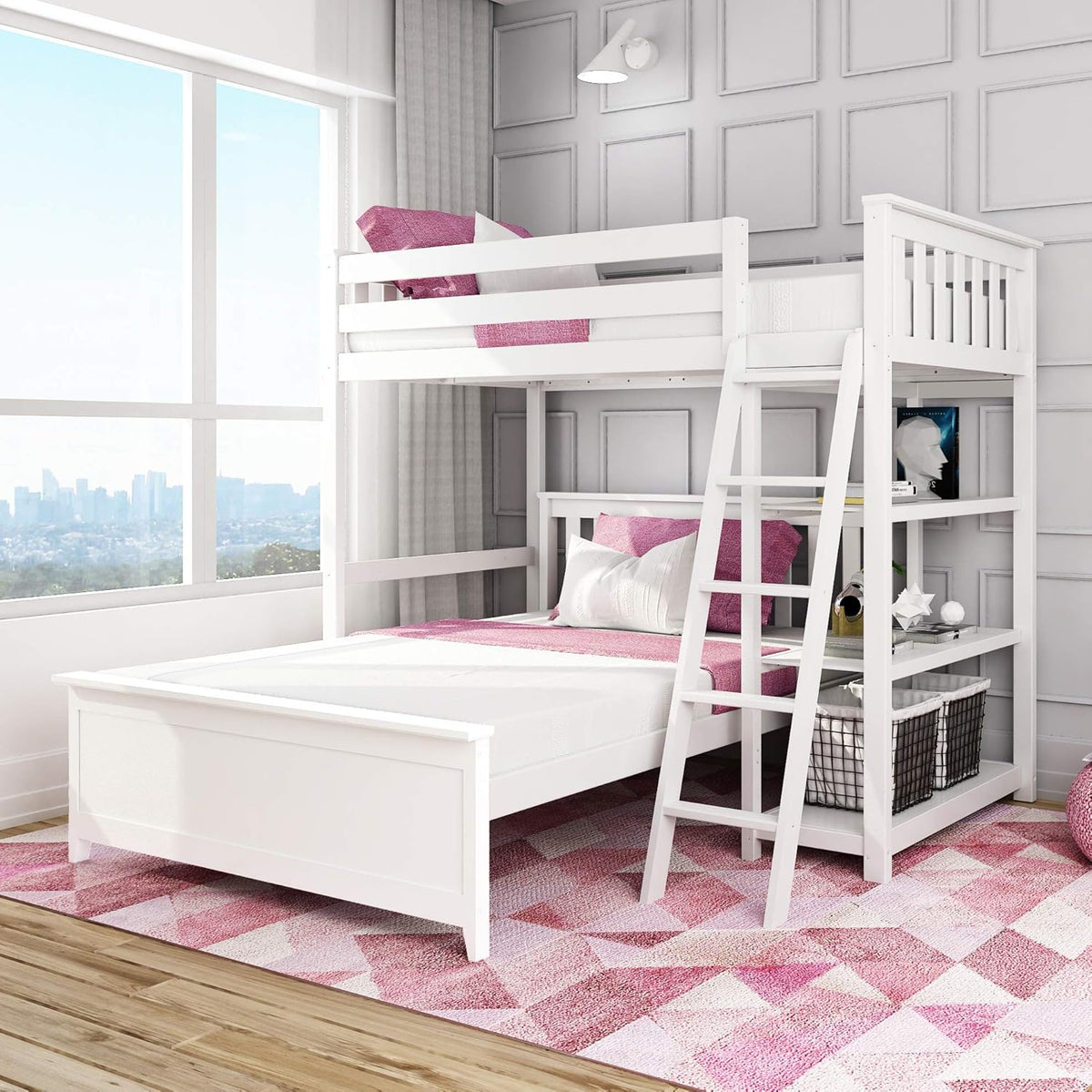 White Twin/Full L Shape Bunk Bed with Bookcase H99382