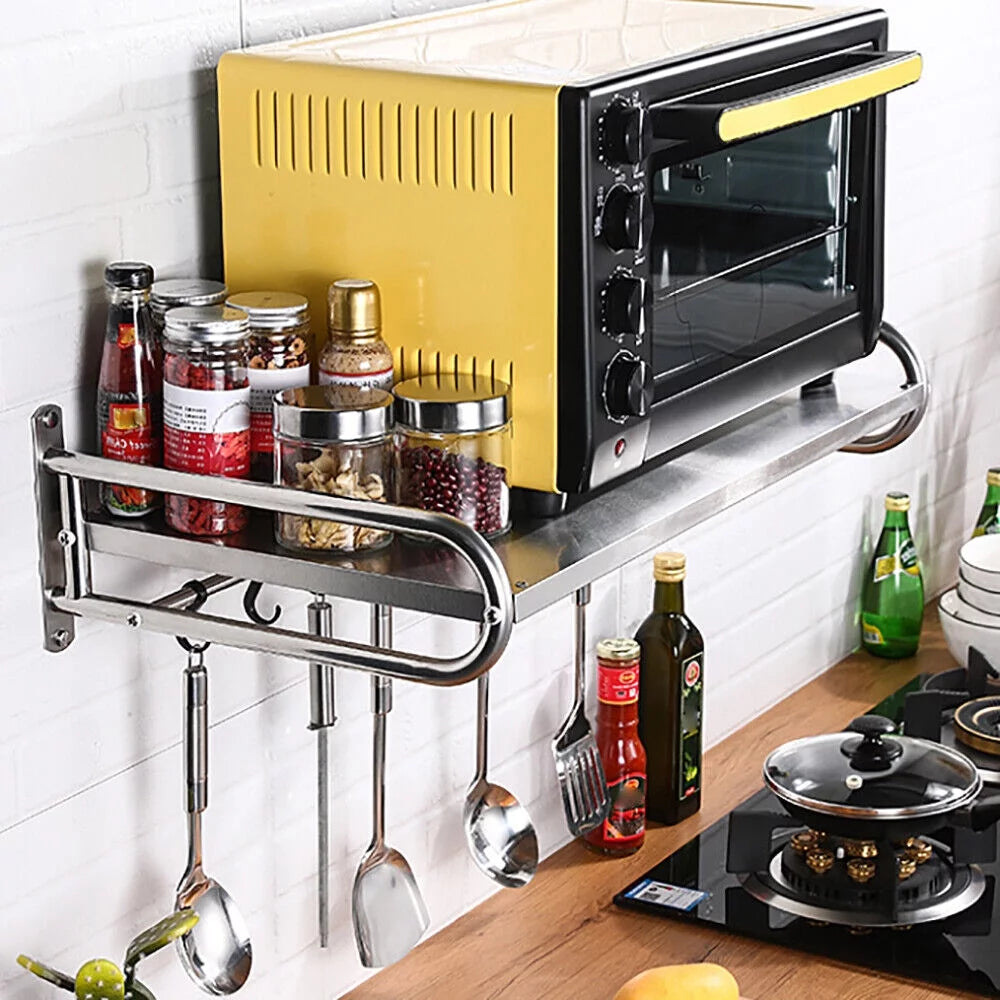 Stainless Steel Wall-Mount Microwave Oven Rack with 6x Hooks U959