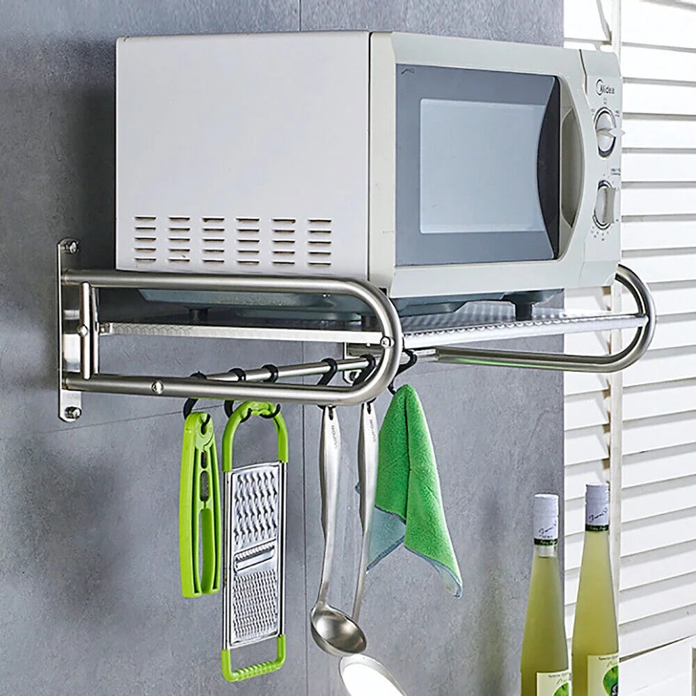 Stainless Steel Wall-Mount Microwave Oven Rack with 6x Hooks U959