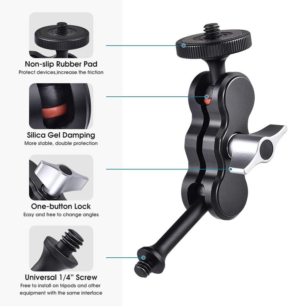 Double Ballhead Arm 360 Degree Rotation Magic Articulating Arm 1/4 Heavy Duty Friction Arms Mount Bracket with Flash Light Hot Shoe + Camera Fixing Screw Adapter for Camera DSLR Monitor Video A47387