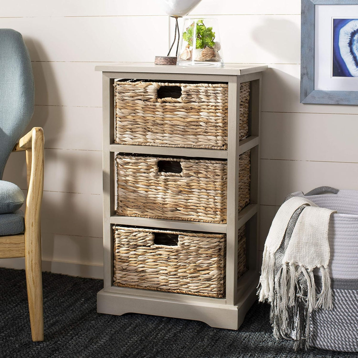 Distressed Black 3 Wicker Basket Storage Side Table D22353
