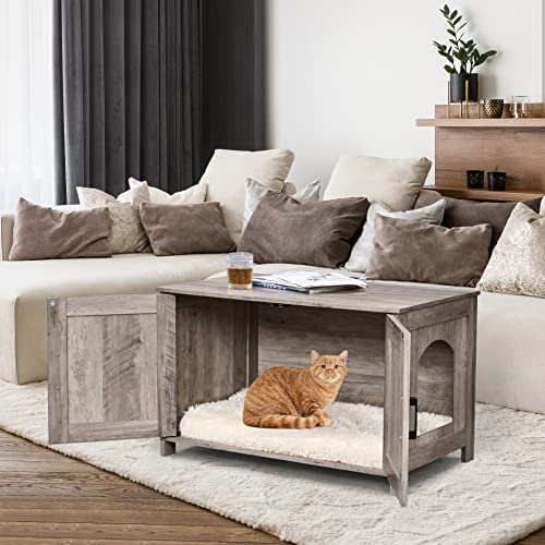 39.4" L Wooden Cat Litter Box Enclosure with Barn Door, Greige Y7276