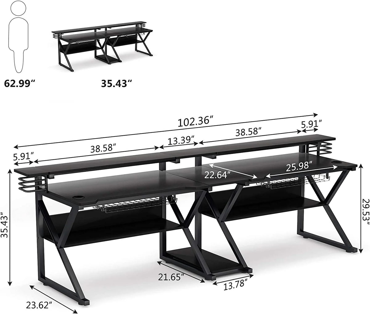 Double Gaming Desk with Hutch Monitor Stand Riser, 102-Inch Two Person Computer Desk with Storage Bookshelf W2763