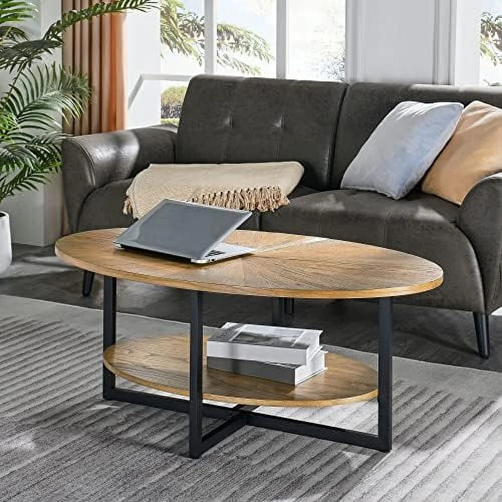 Oval Wood Coffee Table with Shelf 26" D x 43.3" W x 17.9" H Rustic Natural W582840