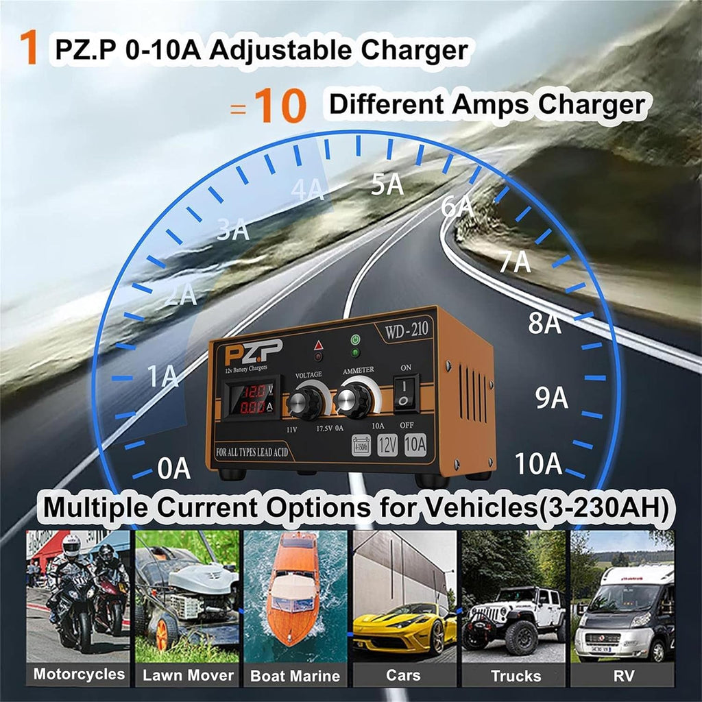 12V 0-10A Automatic Battery Charger and Maintainer with SAE Adapters, Battery Clamps and O-Ring Connectors S731092