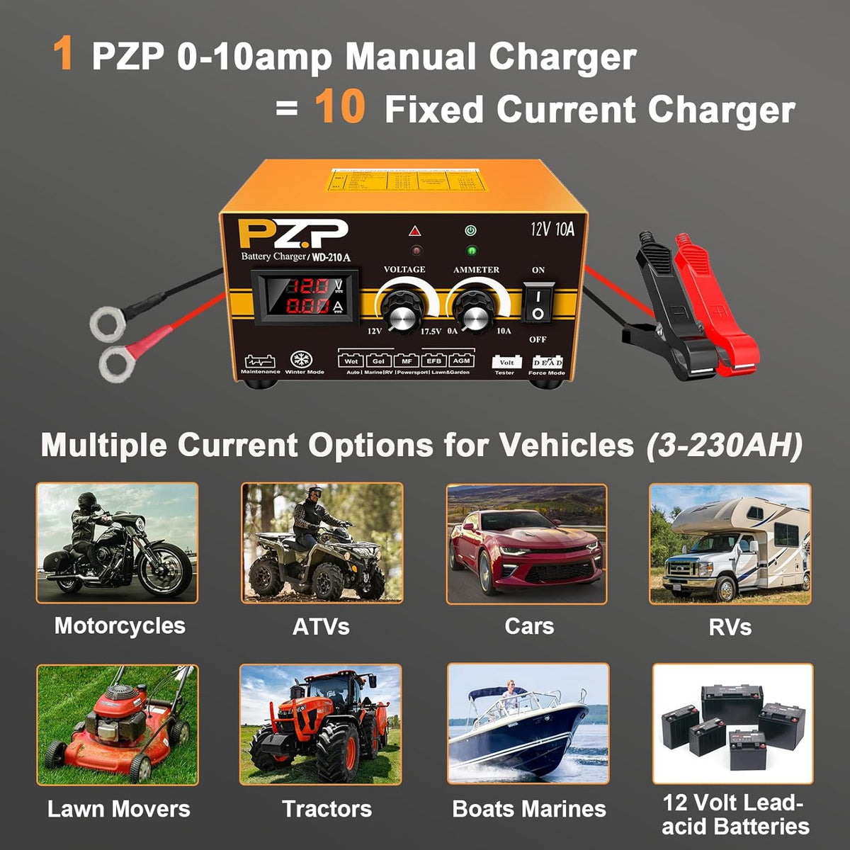 12V 0-10A Automatic Battery Charger and Maintainer with SAE Adapters, Battery Clamps and O-Ring Connectors S731092