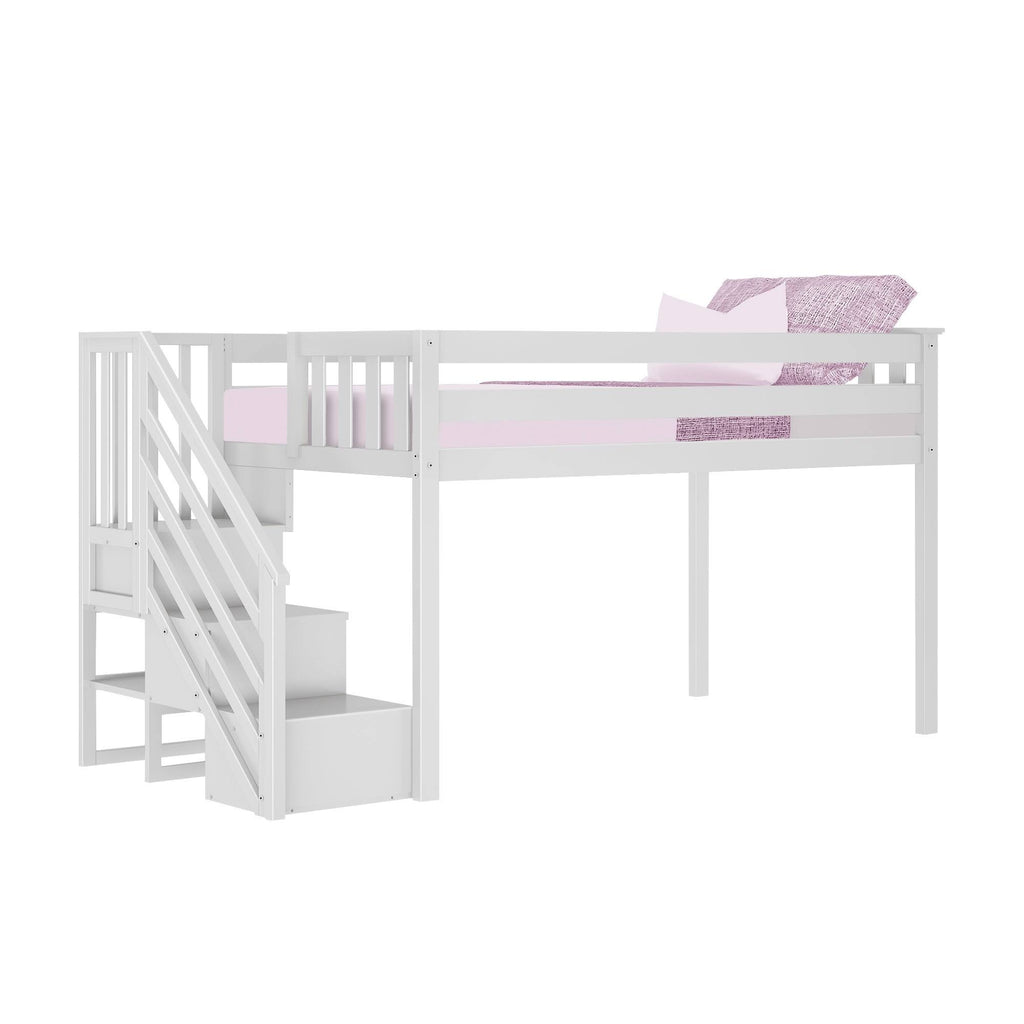 Twin-size Low Loft with Stairs - White N2033