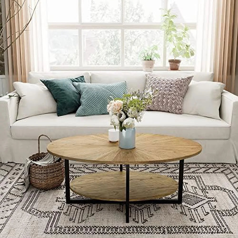 Oval Wood Coffee Table with Shelf 26" D x 43.3" W x 17.9" H Rustic Natural W582840