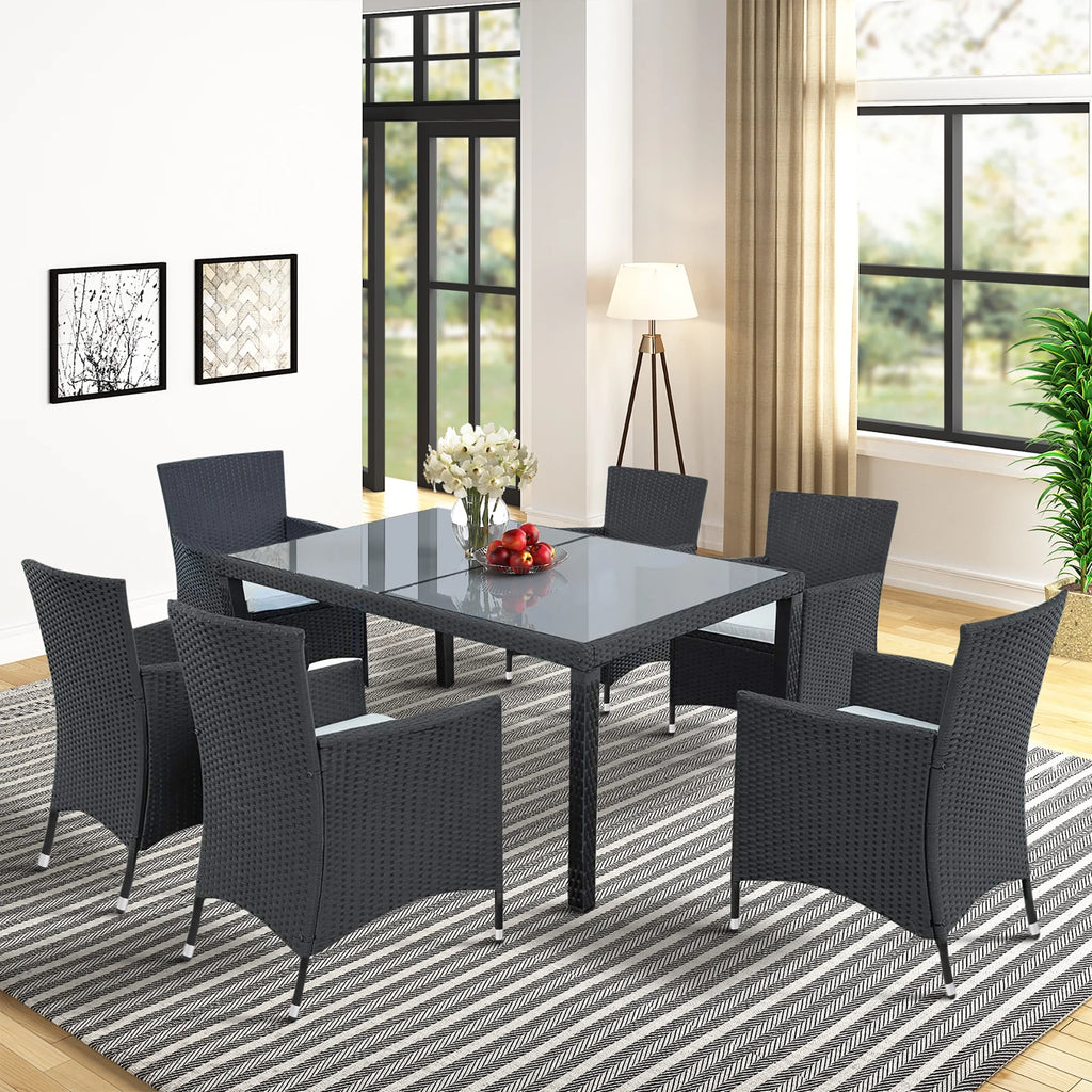 Outdoor PE Rattan Wicker Dining Set of 7 with 6 Chairs Q85952
