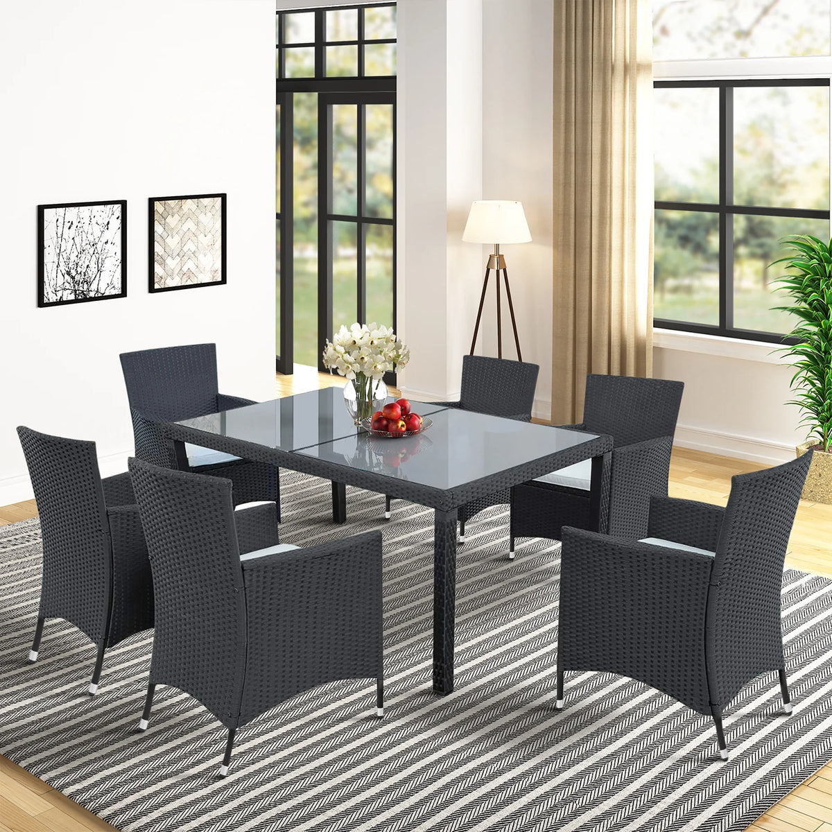 Outdoor PE Rattan Wicker Dining Set of 7 with 6 Chairs Q85952
