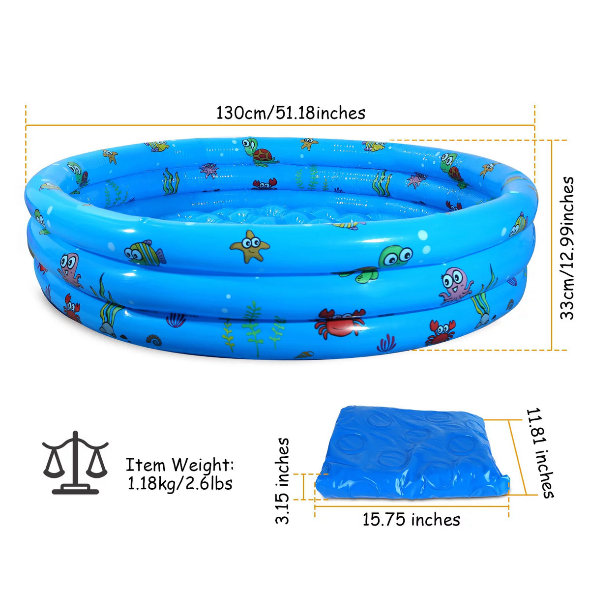 Inflatable Kids Pool, Blue Swimming Pool for Toddler, Blow Up Ball Pit Pool, 51x13 W79906