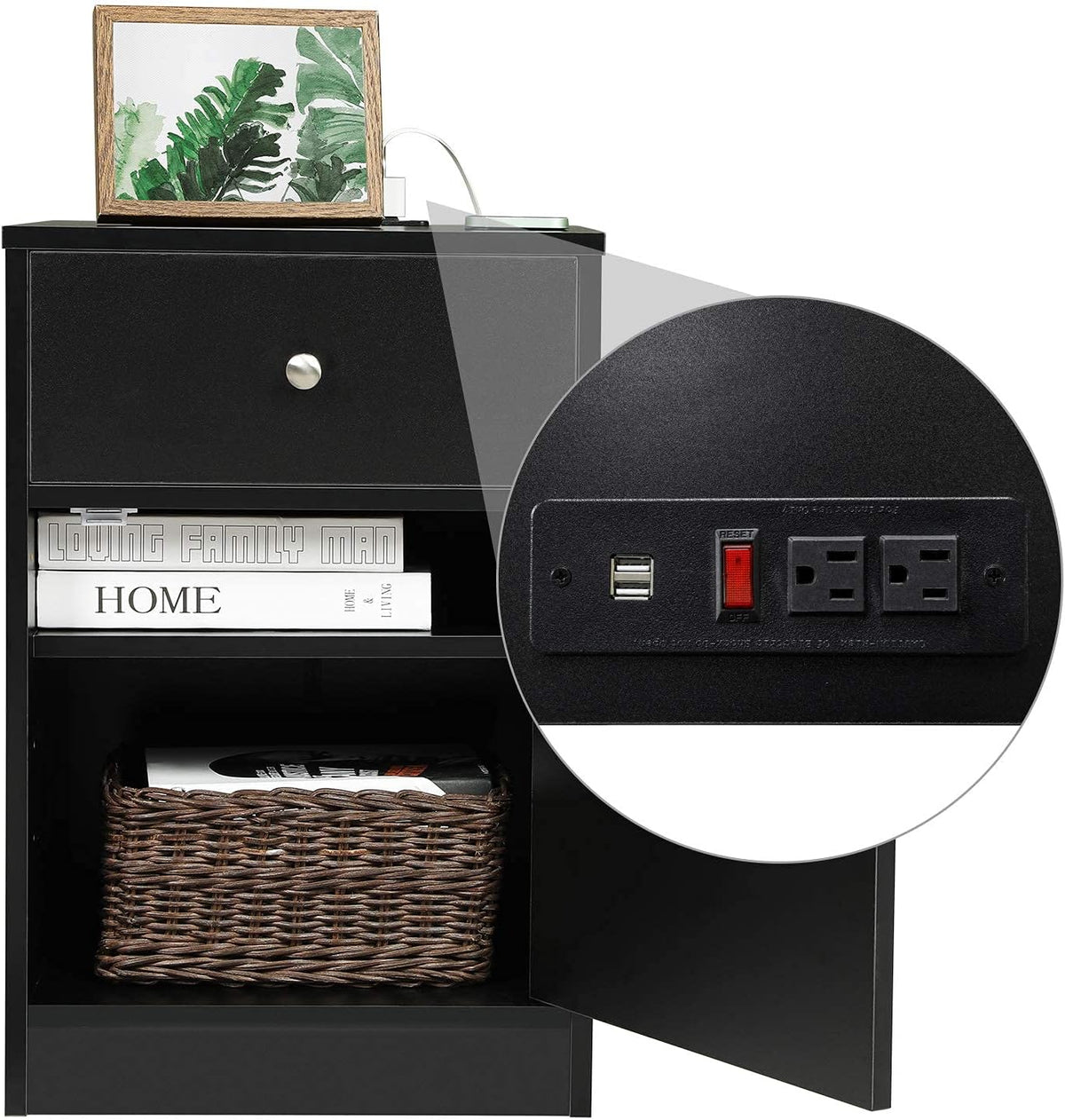 Black Nightstand with USB Port, Drawer & Door Wooden Side Table V710738