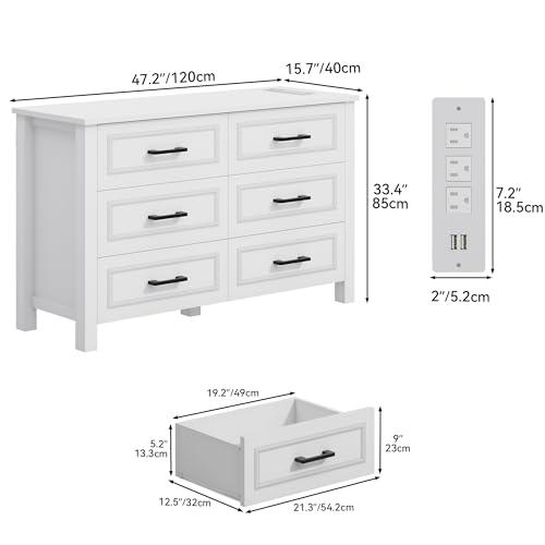 White 6-Drawer Wood Dresser with Power Outlet F958