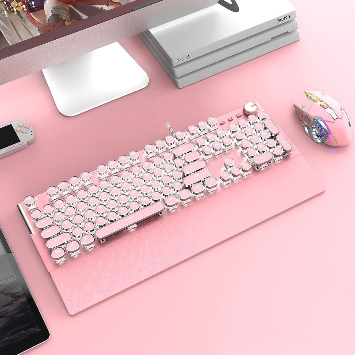 Pink 104 Keys White LED Backlit Mechanical Gaming Keyboard with Mouse Combo V20101