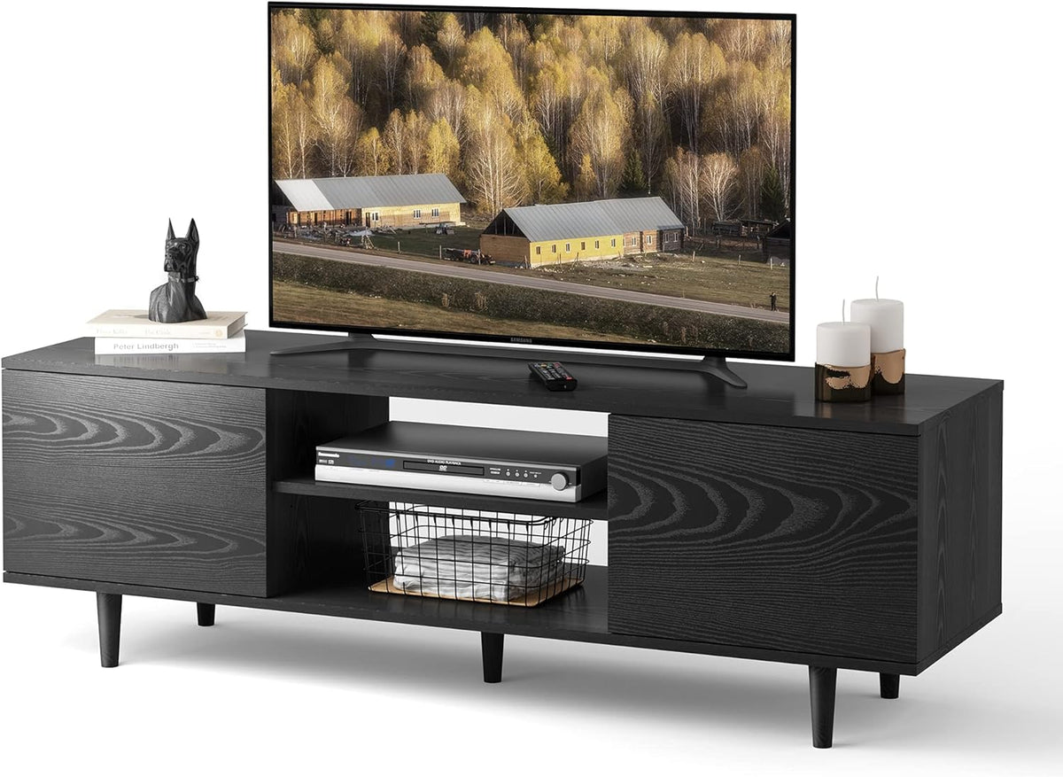 Black TV Stand with Storage Cabinet and Open Shelves K23058