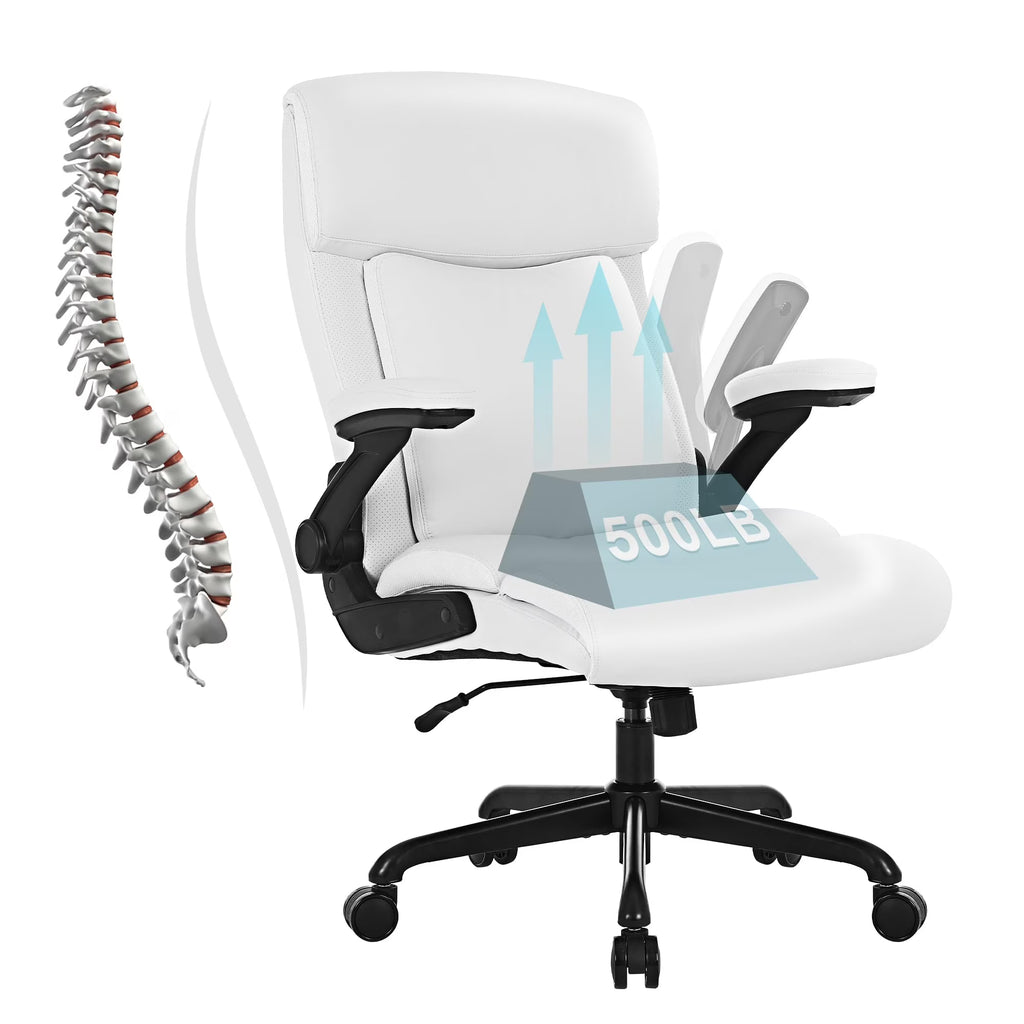 White Ergonomic High Back Leather Executive Office Chair with Flip-up Armrests R4209