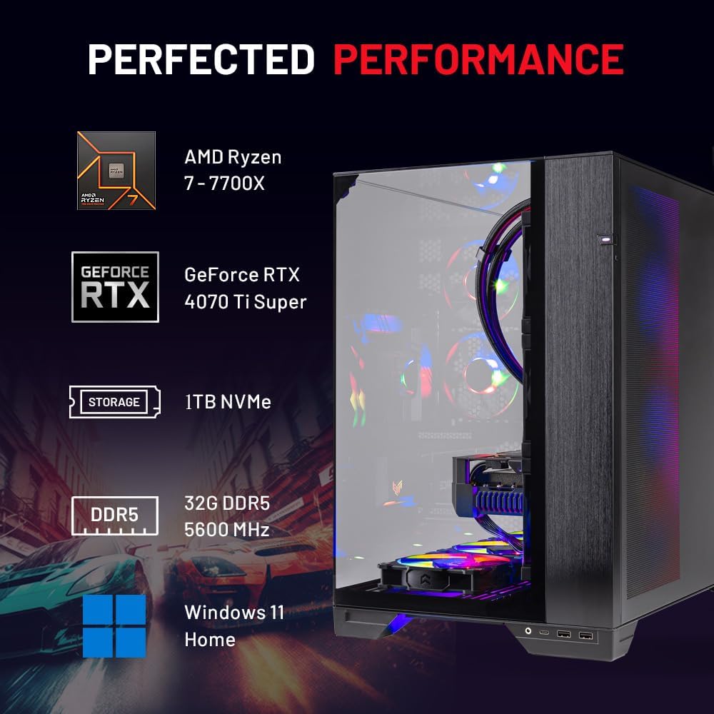 Ryzen 7 7700X RTX 4070 Ti Super 16GB 1TB Gen4 SSD 32GB DDR5 RAM 750W Gold PSU Gaming PC A27889