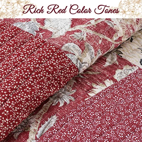 Burgundy Wine Red Floral Paisley Patchwork 100% Cotton Reversible Quilt Bedding Set, Queen - 3 Piece P94863