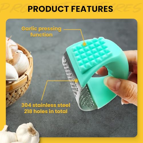 Stainless Steel Garlic Press Rocker with Peeler and Cleaning Brush A6230