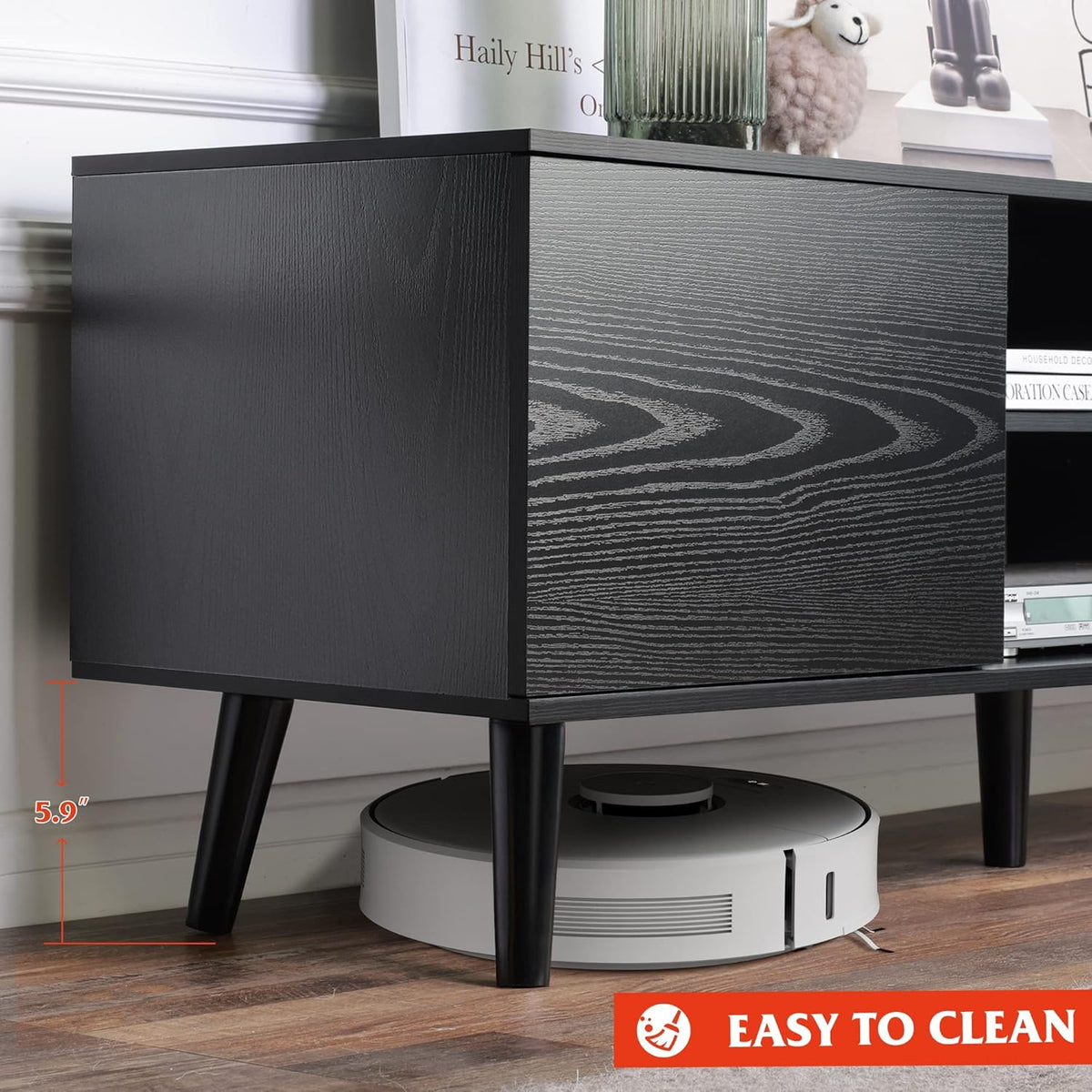 Black TV Stand with Storage Cabinet and Open Shelves K23058