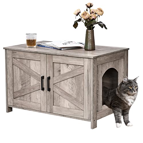 39.4" L Wooden Cat Litter Box Enclosure with Barn Door, Greige Y7276