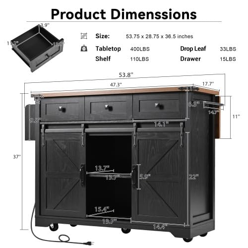Black Farmhouse Kitchen Island with Power Outlet, 2 Sliding Barn Door, Drop Leaf, Spice Rack, Rolling Cart on Wheels L35900