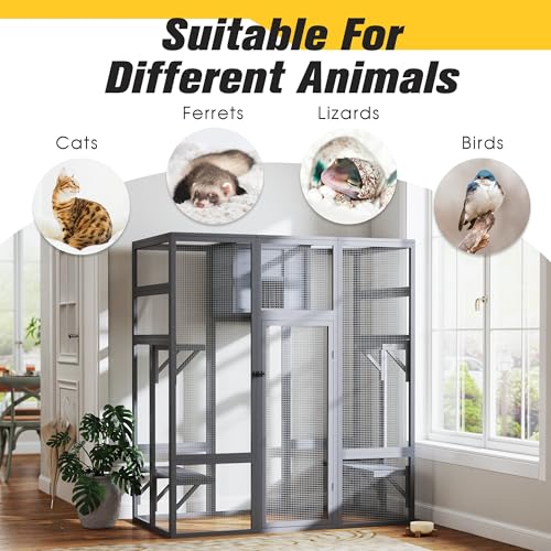 70 Inches Large Wooden Catio Outdoor Cat Enclosure with Waterproof Roof T696