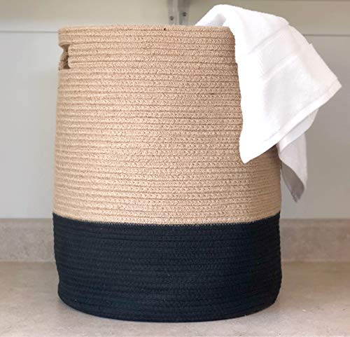 Large Cotton Blanket Basket 19 x 16 x 16 Inches White & Tan Q7932