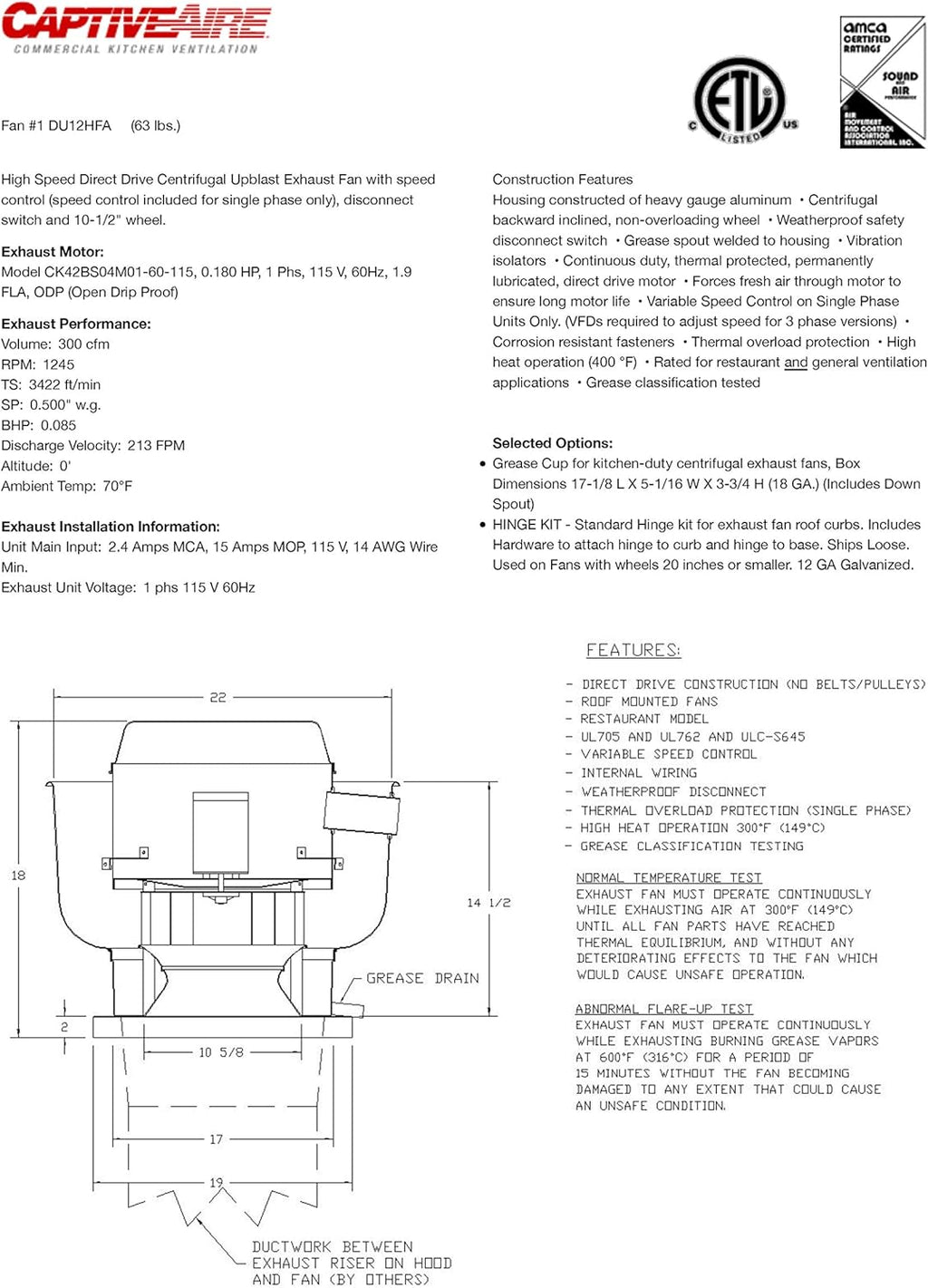 High Speed Direct Drive Centrifugal Upblast Exhaust Fan with Speed Control K763