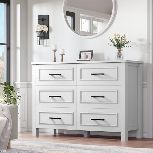 White 6-Drawer Wood Dresser with Power Outlet F958