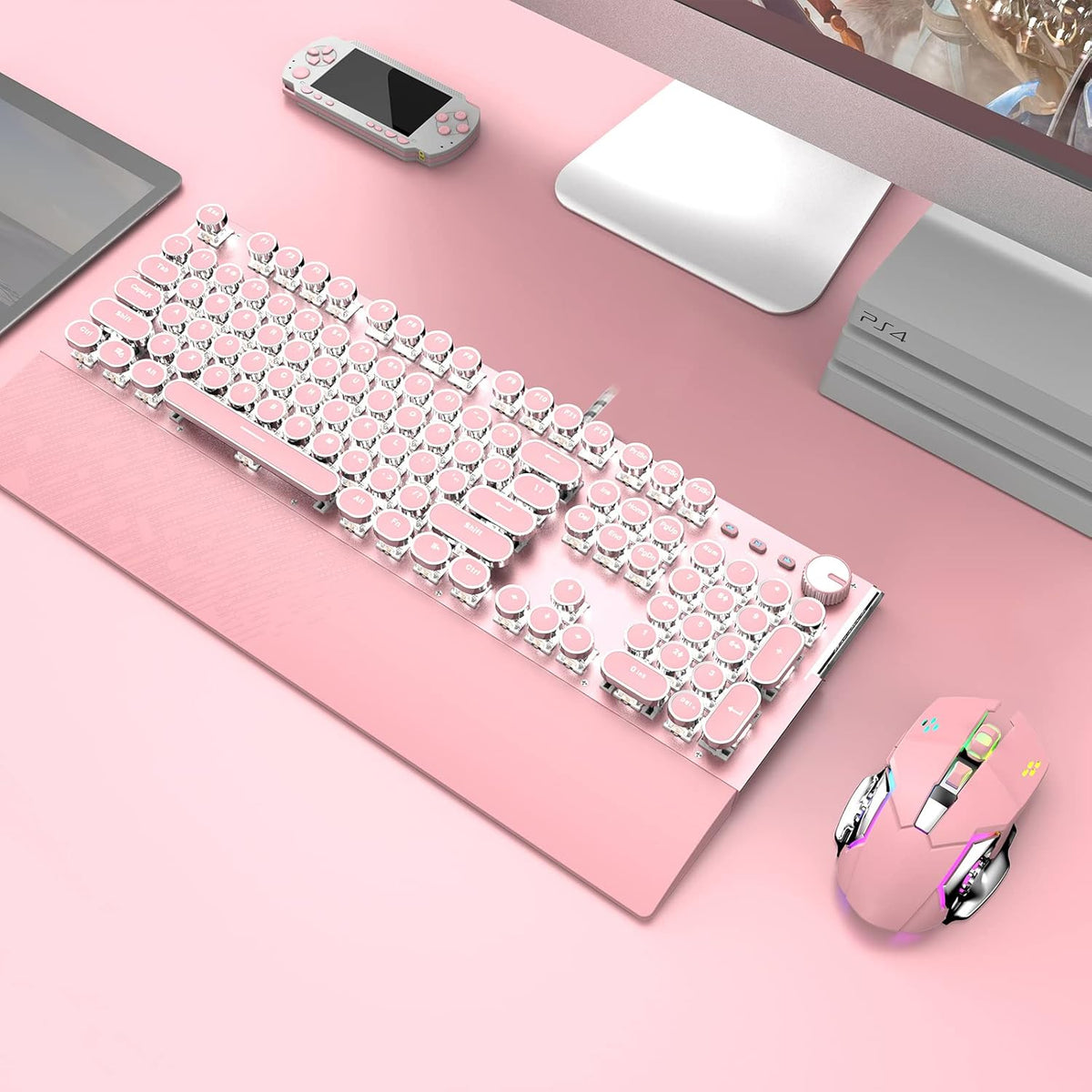 Pink 104 Keys White LED Backlit Mechanical Gaming Keyboard with Mouse Combo V20101