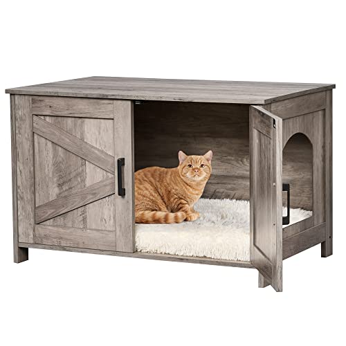 39.4" L Wooden Cat Litter Box Enclosure with Barn Door, Greige Y7276