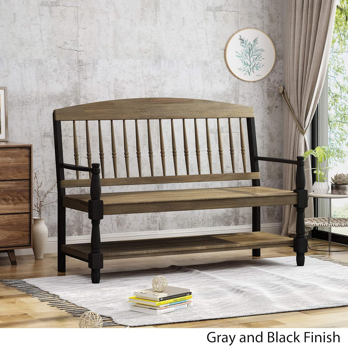 Gray and Black Acacia Wood Bench with Shelf M4297