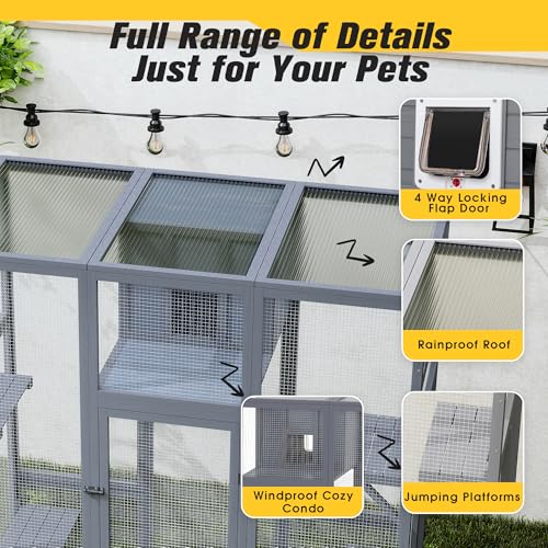 70 Inches Large Wooden Catio Outdoor Cat Enclosure with Waterproof Roof T696