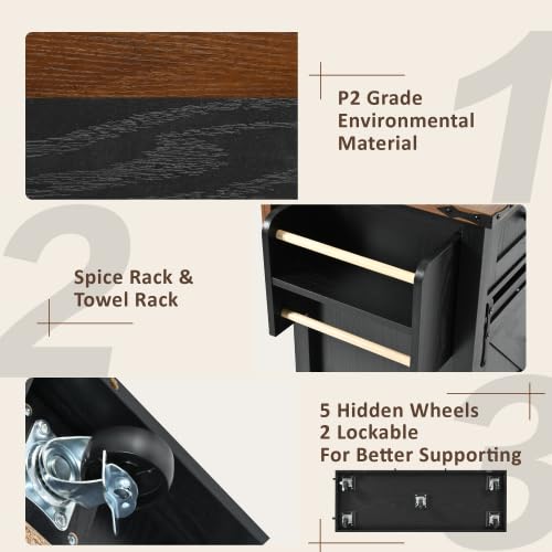 Black Farmhouse Kitchen Island with Power Outlet, 2 Sliding Barn Door, Drop Leaf, Spice Rack, Rolling Cart on Wheels L35900