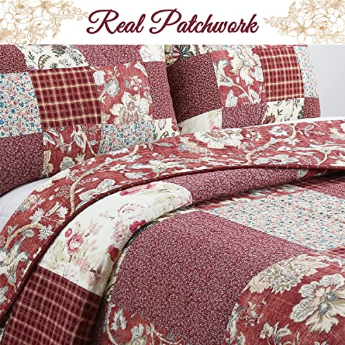 Burgundy Wine Red Floral Paisley Patchwork 100% Cotton Reversible Quilt Bedding Set, Queen - 3 Piece P94863