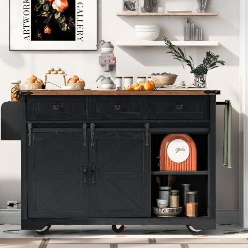 Black Farmhouse Kitchen Island with Power Outlet, 2 Sliding Barn Door, Drop Leaf, Spice Rack, Rolling Cart on Wheels L35900