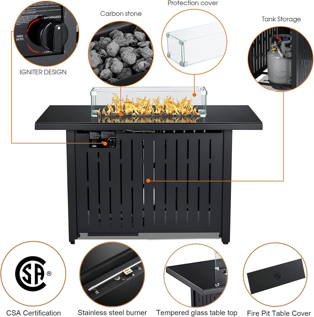 43 Inch 60,000 BTU Propane Gas Fire Pit Table with Glass Wind Guard A21468