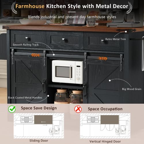 Black Farmhouse Kitchen Island with Power Outlet, 2 Sliding Barn Door, Drop Leaf, Spice Rack, Rolling Cart on Wheels L35900