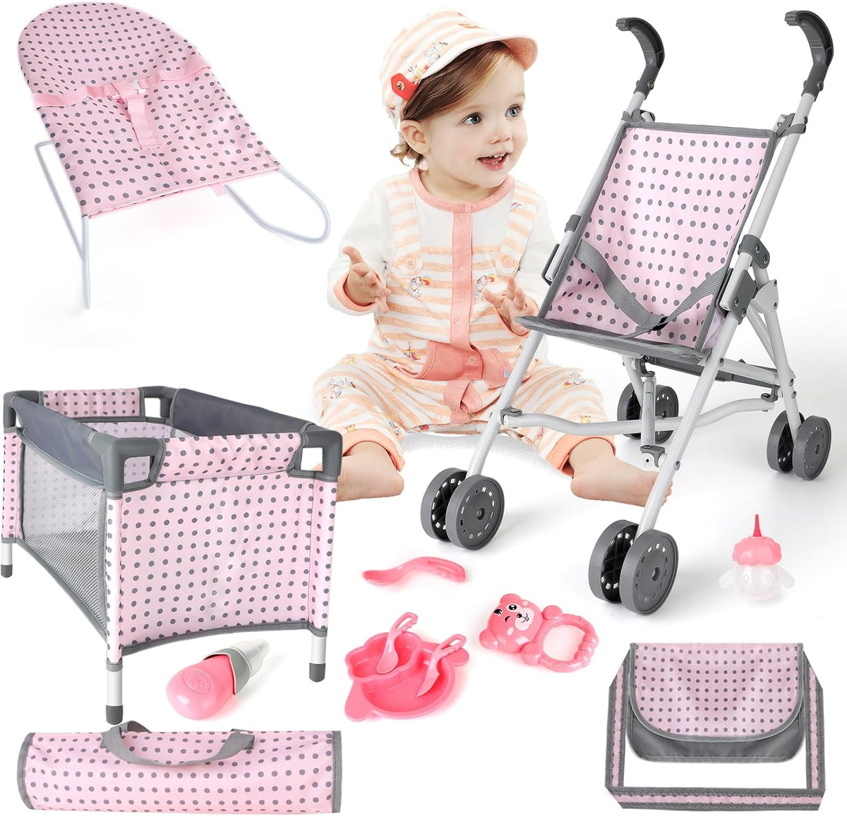 Baby Doll Stroller Crib Bed Nursery Role Play Set with Accessories and Play Mat F60057