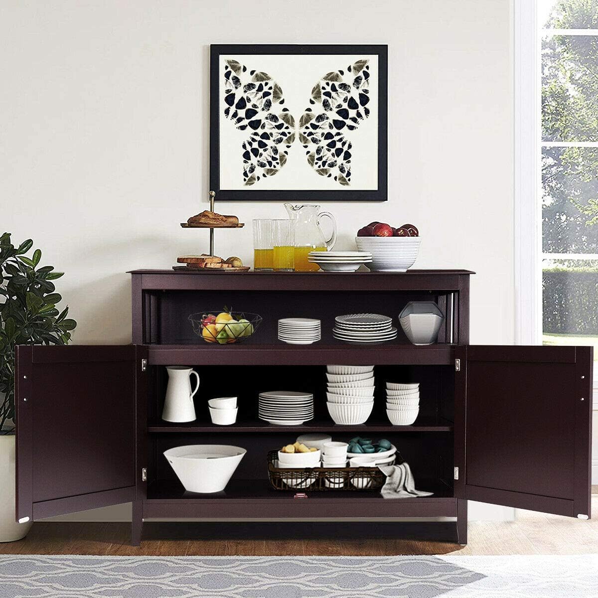Espresso Wood Kitchen Storage Cabinet Buffet with Adjustable Shelf P822