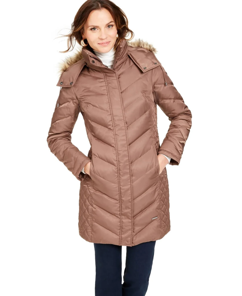 Faux-Fur-Trim Hooded Down Puffer Coat Y601752